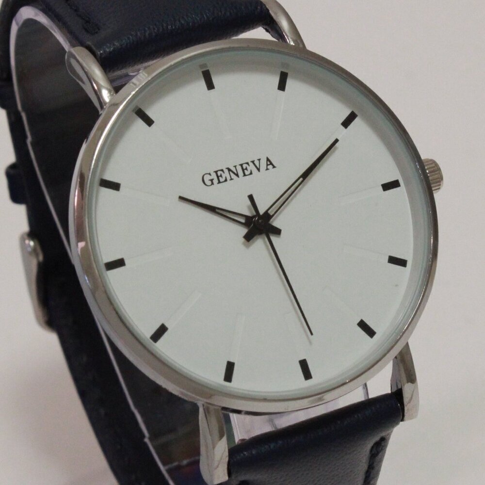 Men's Minimalist Fashion Watch Silver Case White Dial Navy Blue Strap 40mm - Picture 8 of 13
